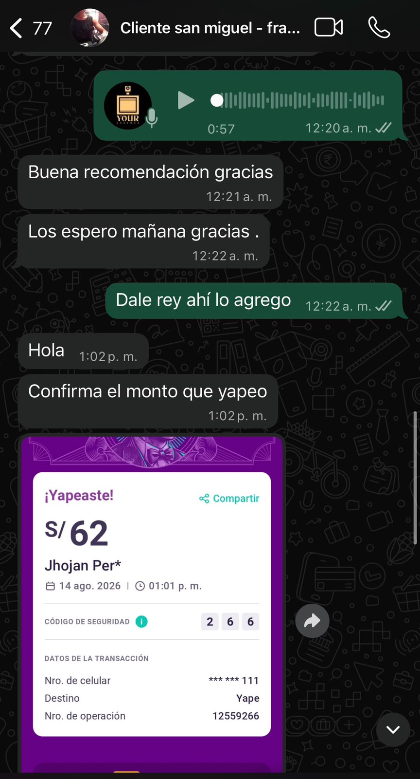 Conversación real de comprador de Your Essence